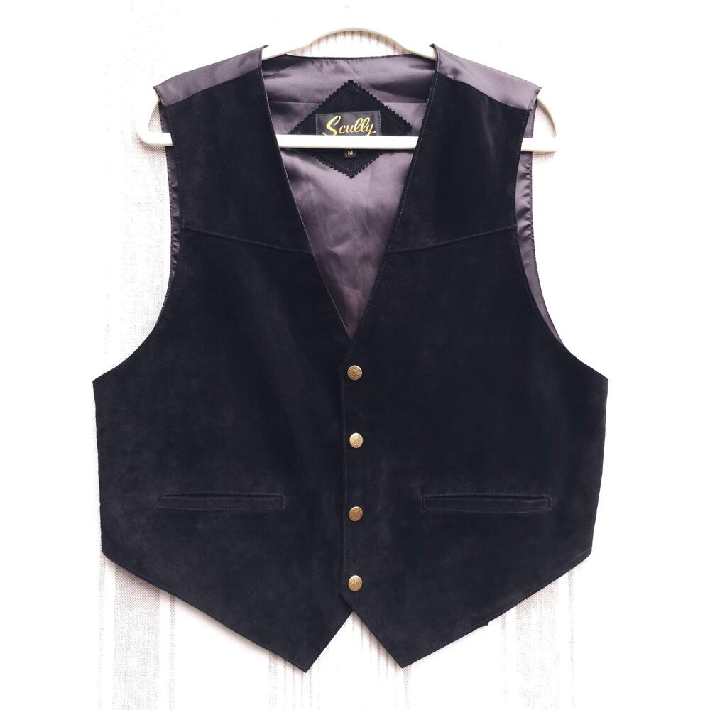 Scully Vest Mens Large Black Suede Western Lined Button Pockets Cowboy Casual